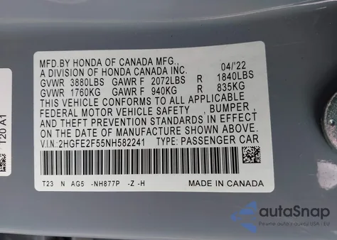 2022 Honda Civic Sport z USA, uszkodzony, nr VIN 2HGFE2F55NH582241